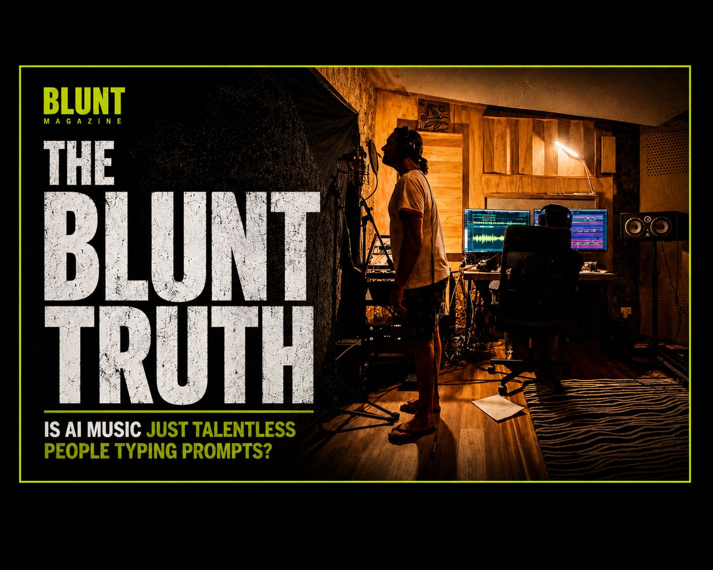 A BLUNT Magazine feature graphic beside a musician recording in a studio.