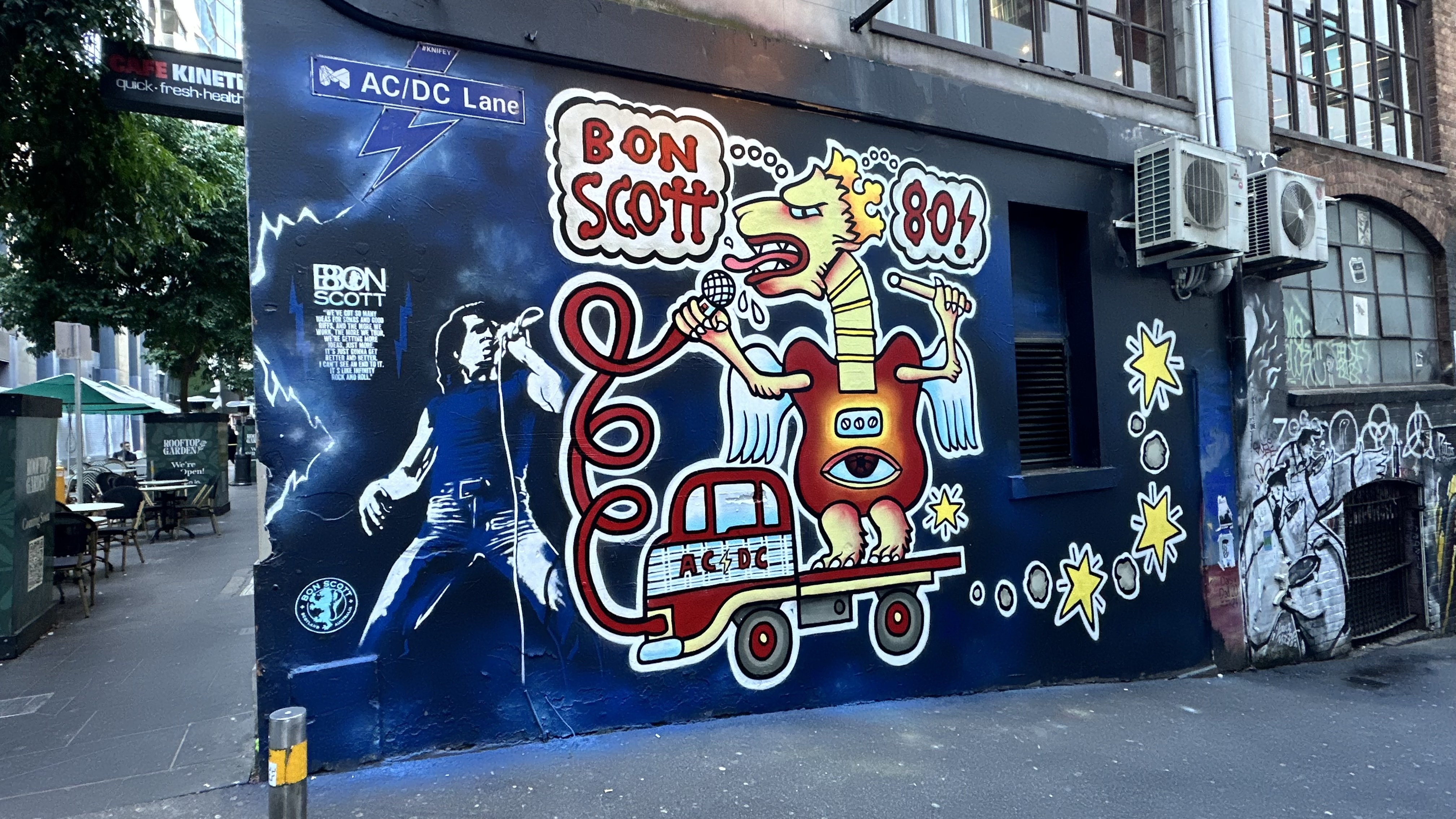 The Bon Scott mural covering a wall in Melbourne’s AC/DC Lane.