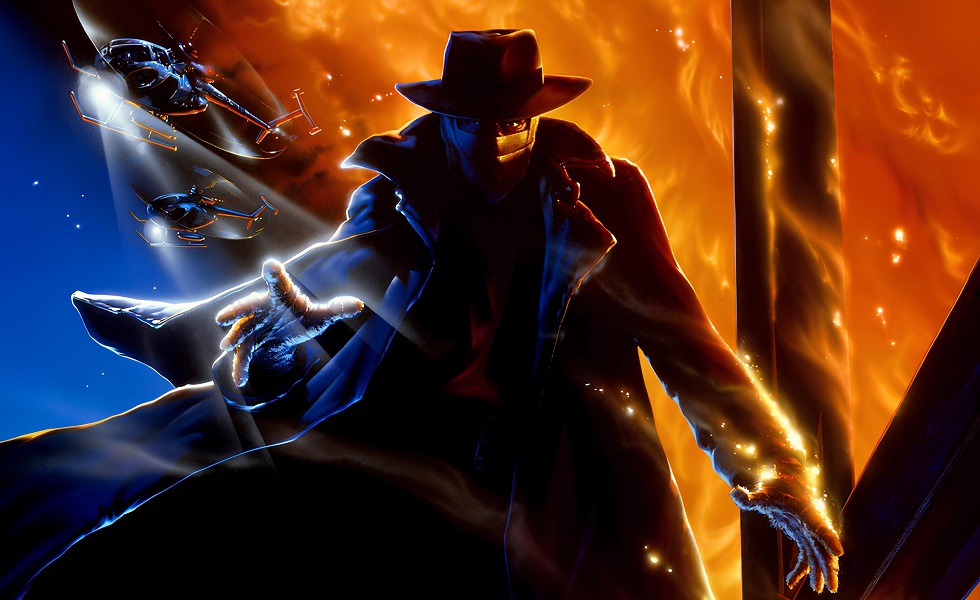 Darkman reaches forward against contrasting blue and orange light.