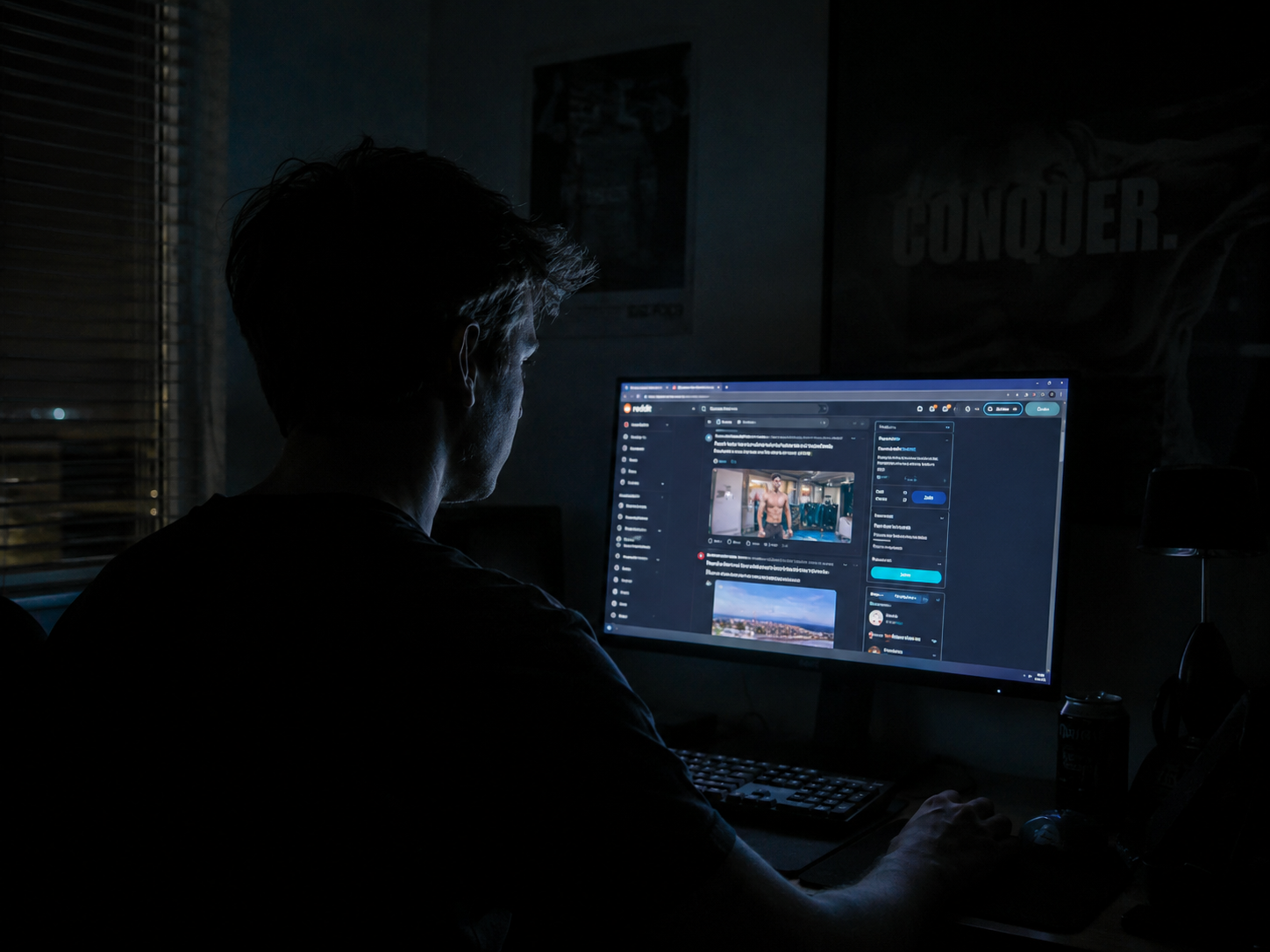 A person viewed from behind using a computer in a dark room.