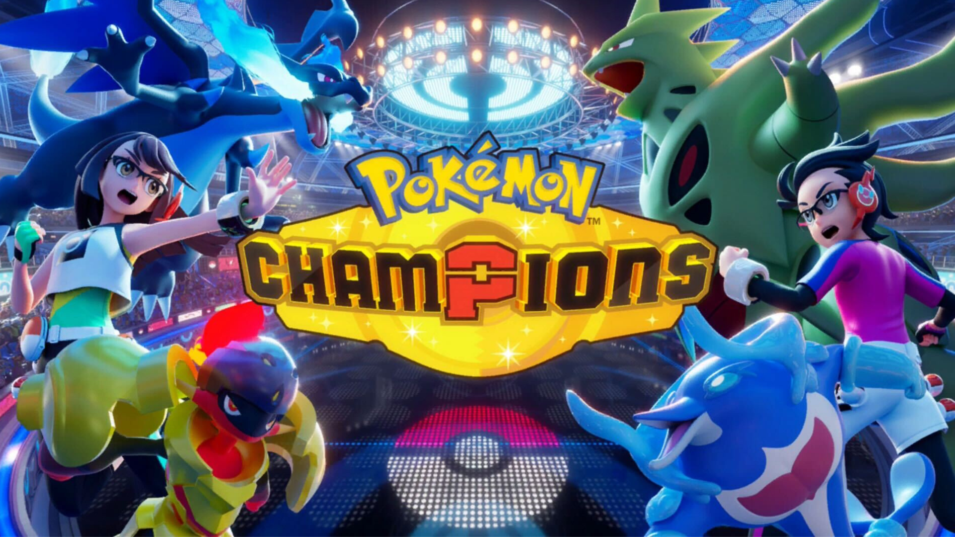 Pokémon Champions key art featuring trainers and Pokémon inside an arena.