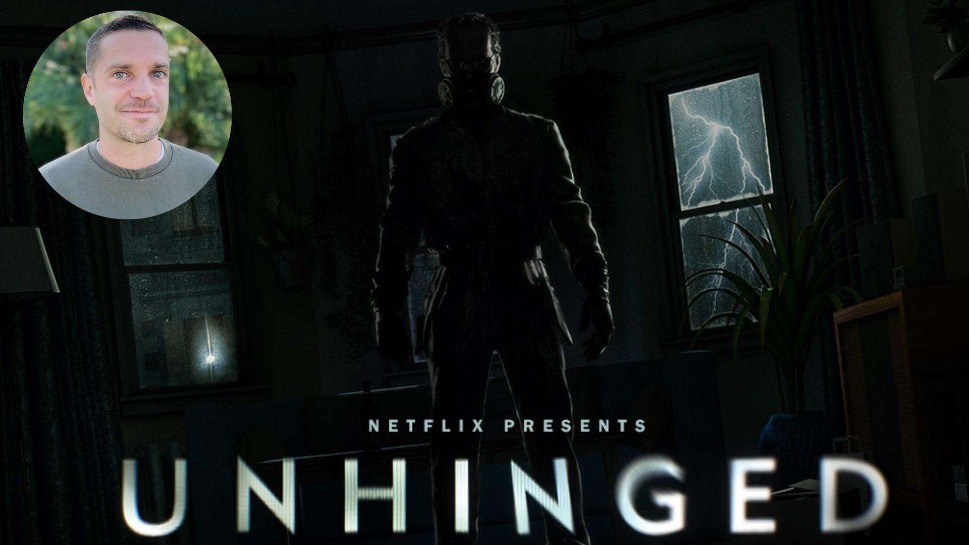 Promotional artwork for Unhinged, with a masked figure in a dark room and a portrait of Sean Krankel.