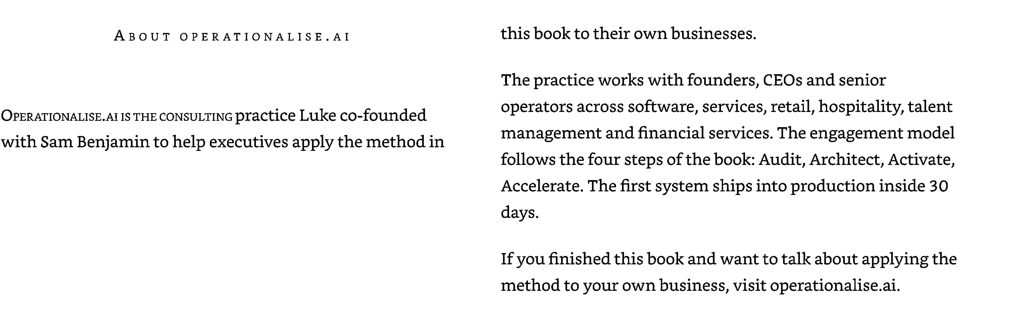Focused book extract describing Operationalise as a consulting practice applying the book method to client businesses.