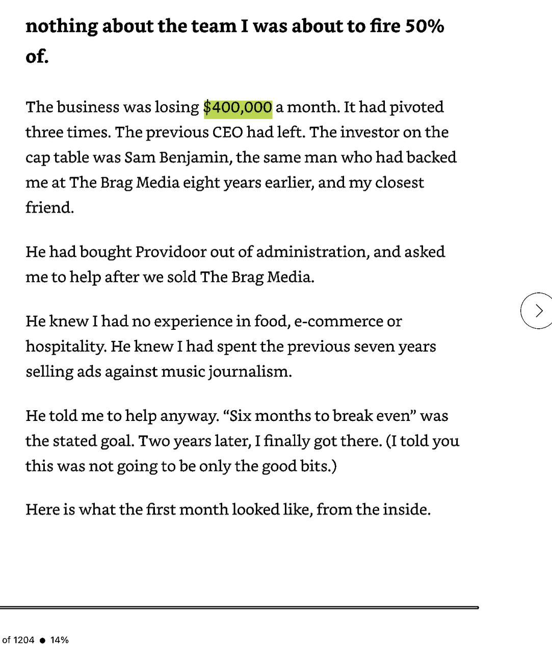Kindle reader showing Girgis’s account that Providoor was losing A$400,000 a month and reached breakeven after two years.