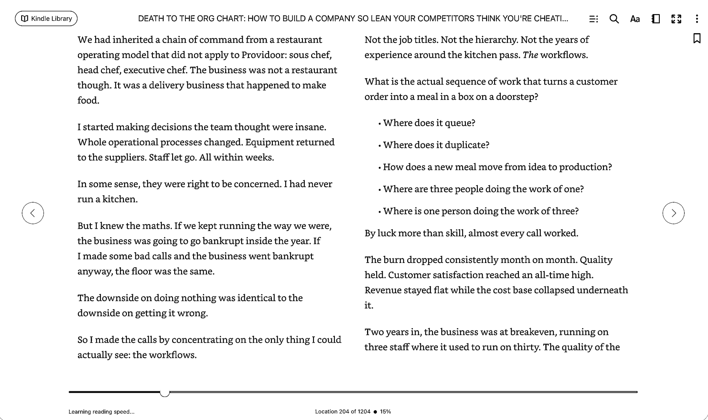 Two-page Kindle reader spread showing Girgis’s description of operational changes and claimed turnaround results at Providoor.