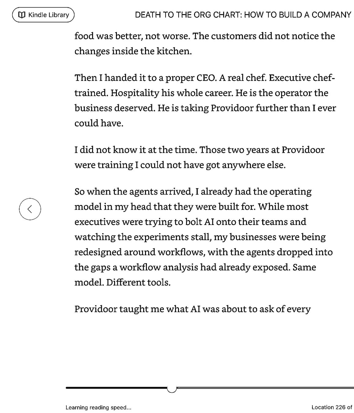 Kindle reader showing Girgis’s claim that food improved and his account of handing Providoor to a successor CEO.